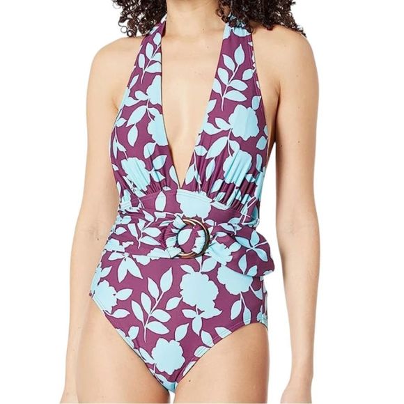 ☀️☀️☀️ Kate Spade Geranium Grove Belted Plunge Halter One Piece - Picture 7 of 9